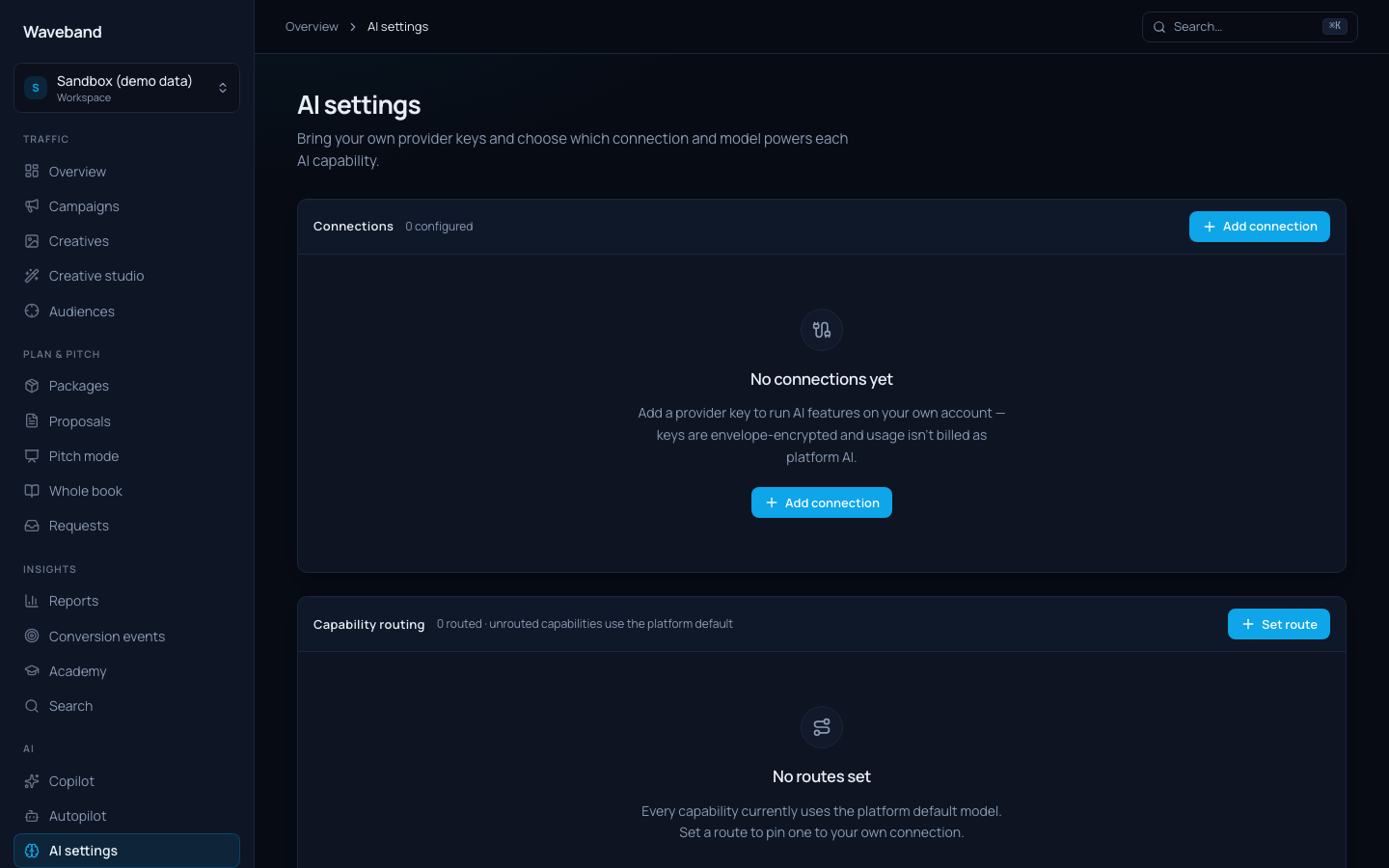 AI settings with connections and capability routing