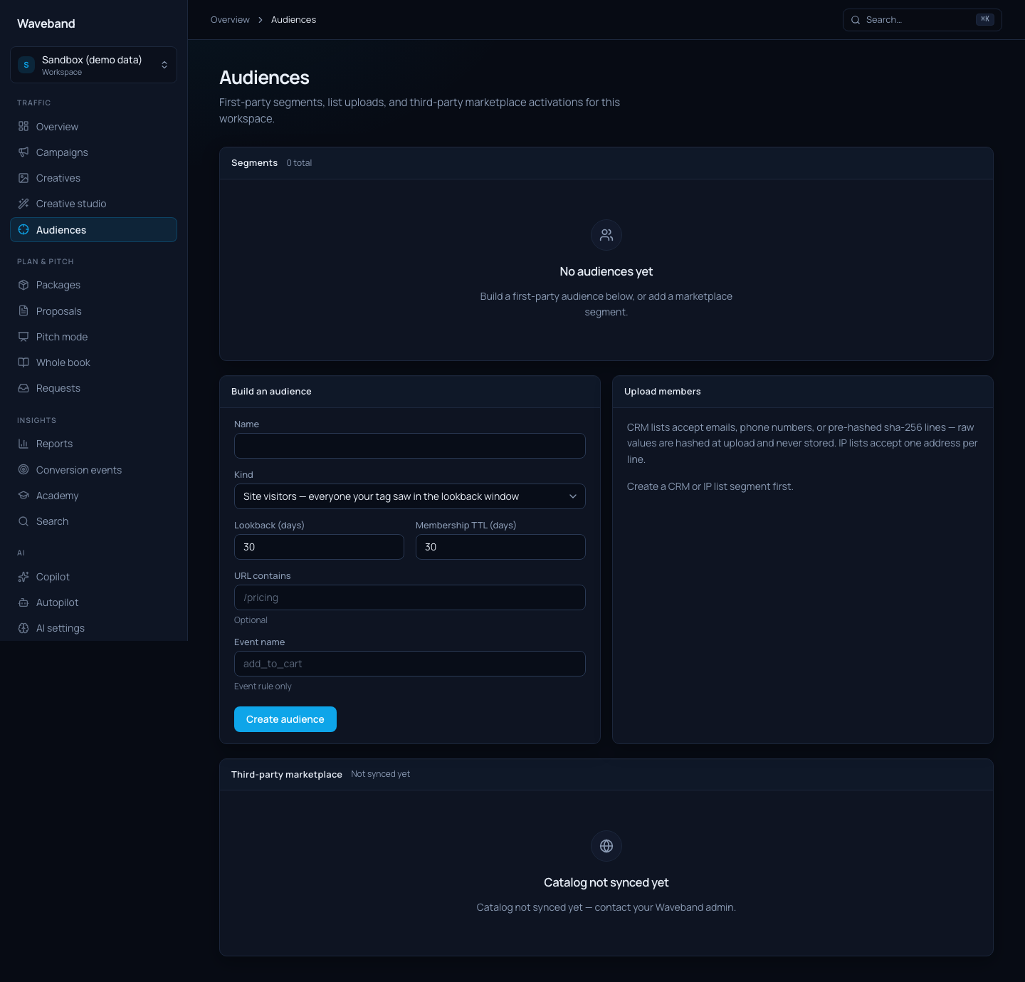 Audiences page with segment kinds and marketplace