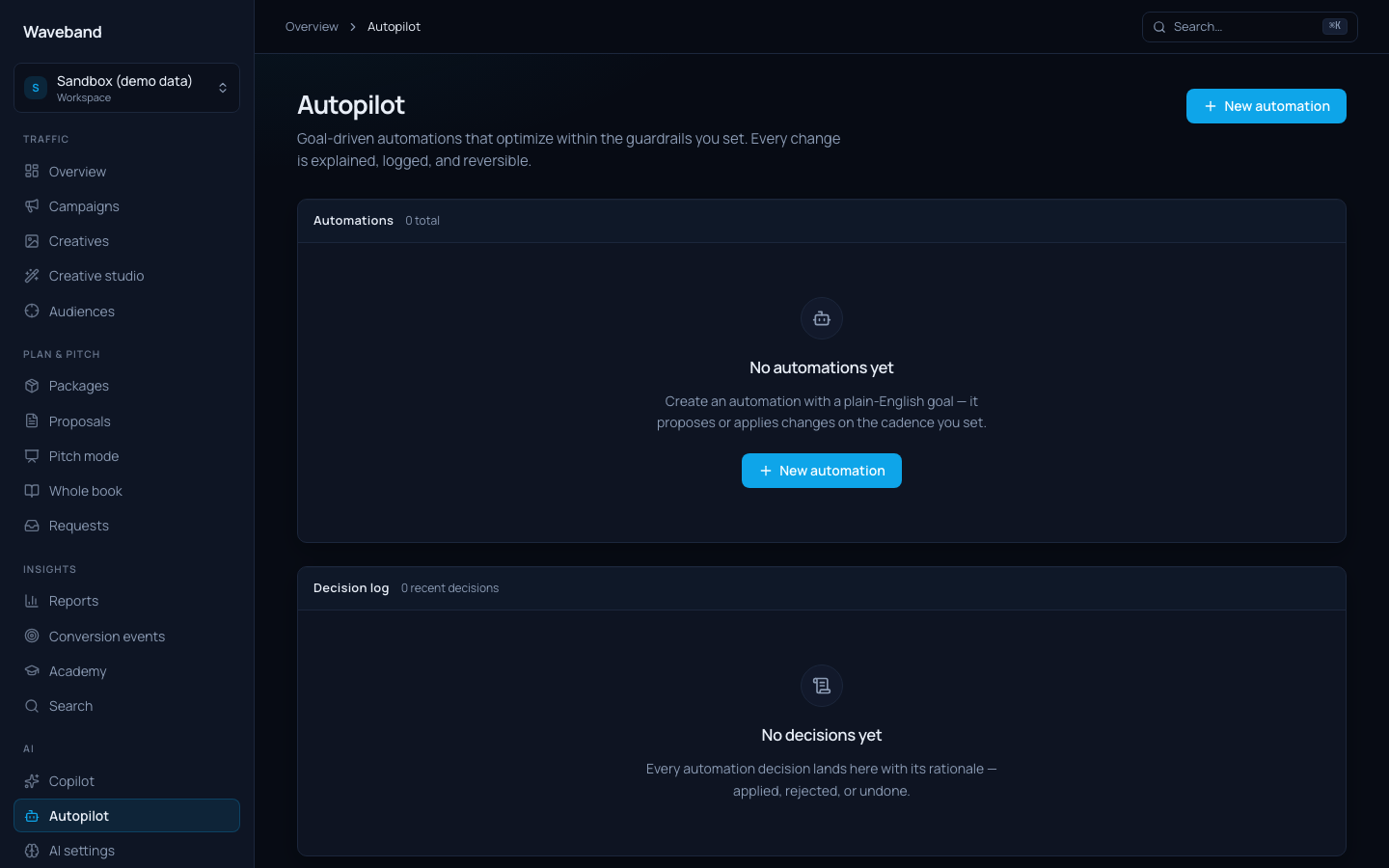 Autopilot page with automations, approvals inbox, and decision log