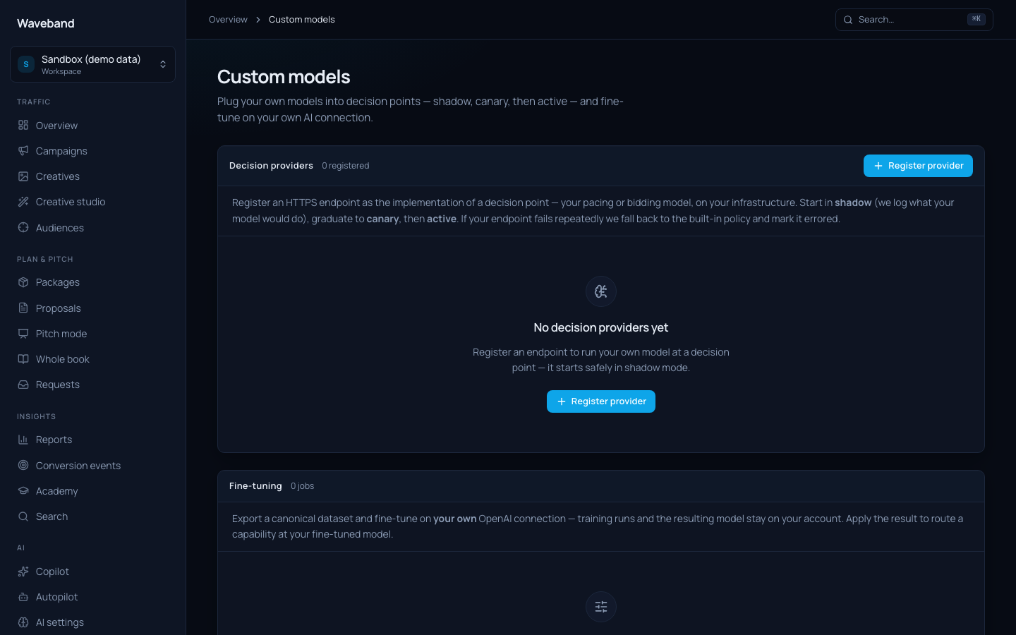 Custom models page with the fine-tuning workflow
