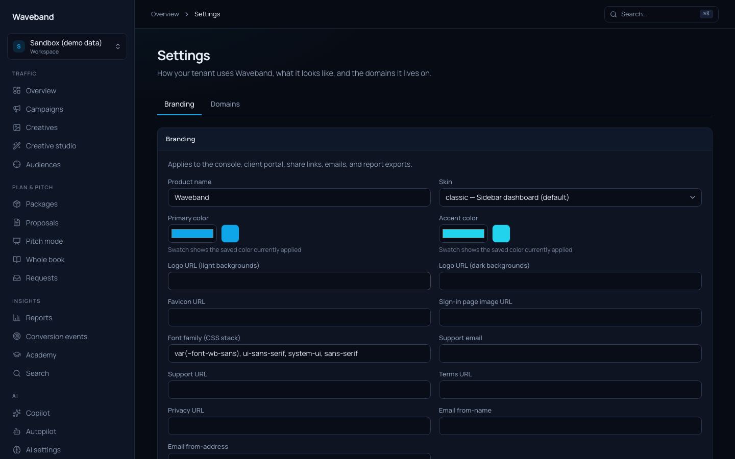 Settings page with branding and custom domain controls