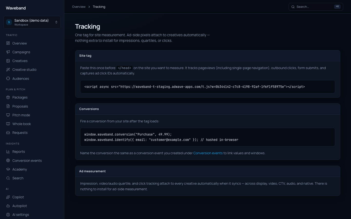 Tracking page with pixel and site tag snippets